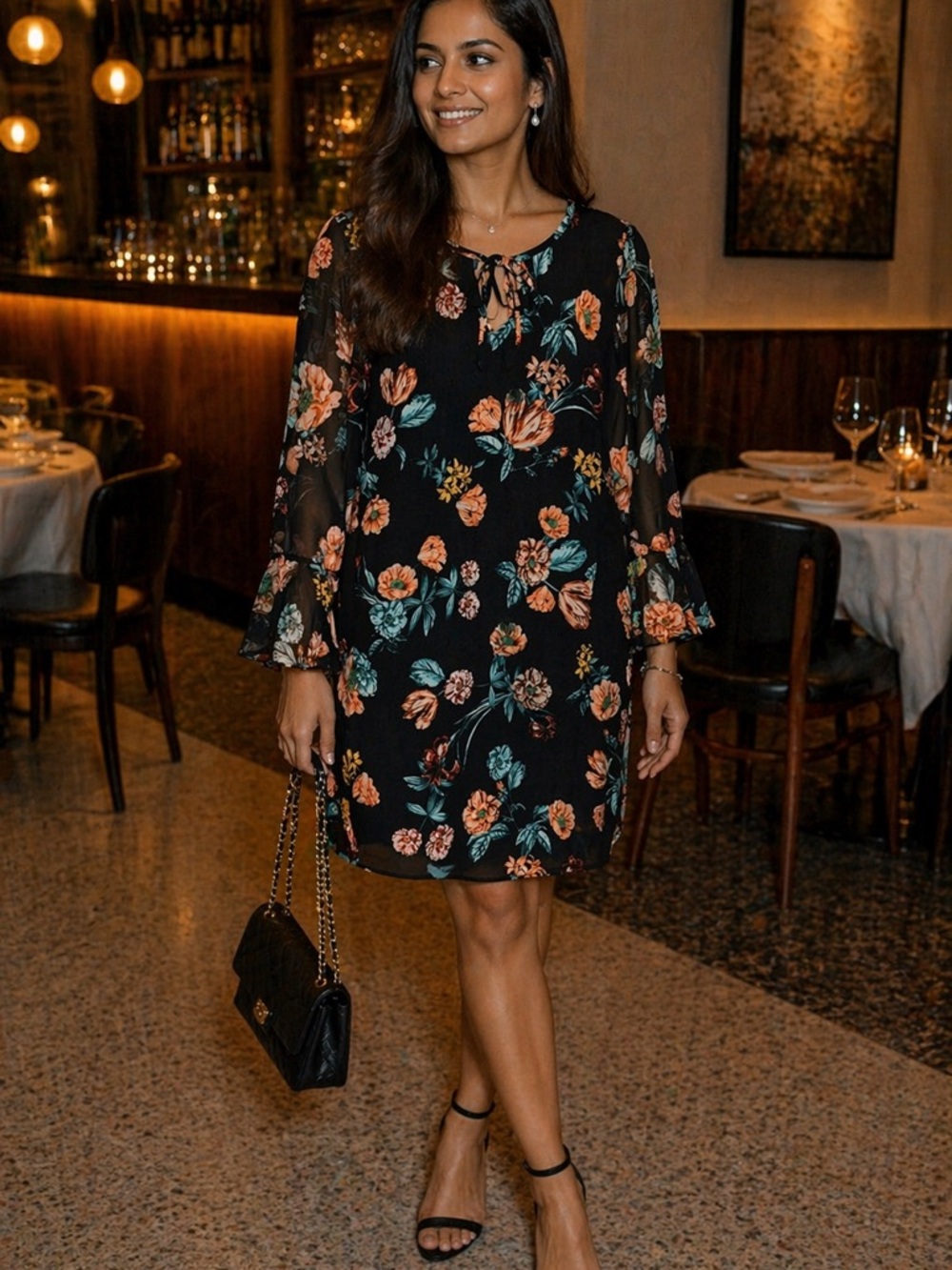 Roz & Ali Black Floral Mini Dress with Coral and Teal Blooms